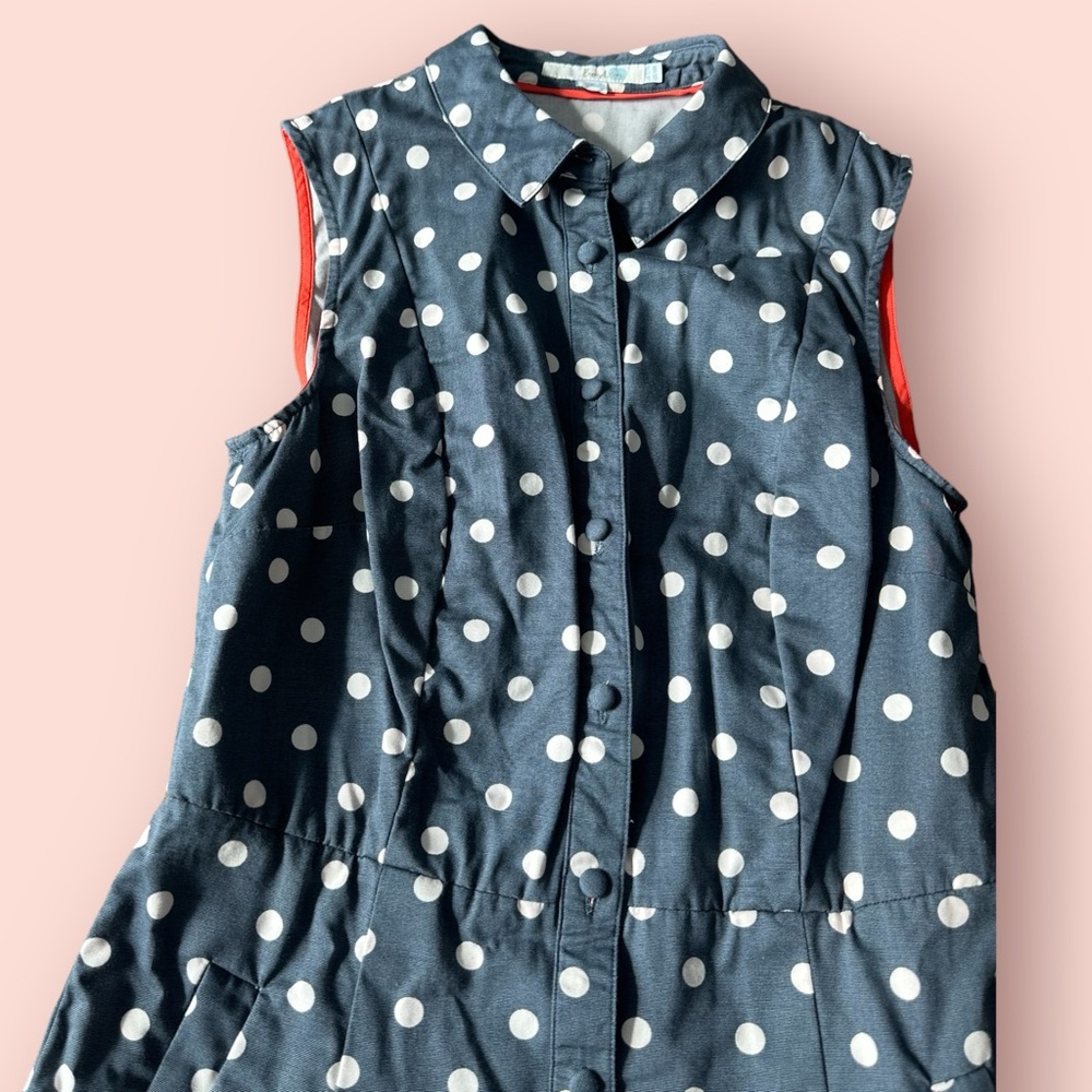Woman’s Boden Blue Polka Dot Print Tank Top Collar Button Front Dress Size 12 - Picture 4 of 15